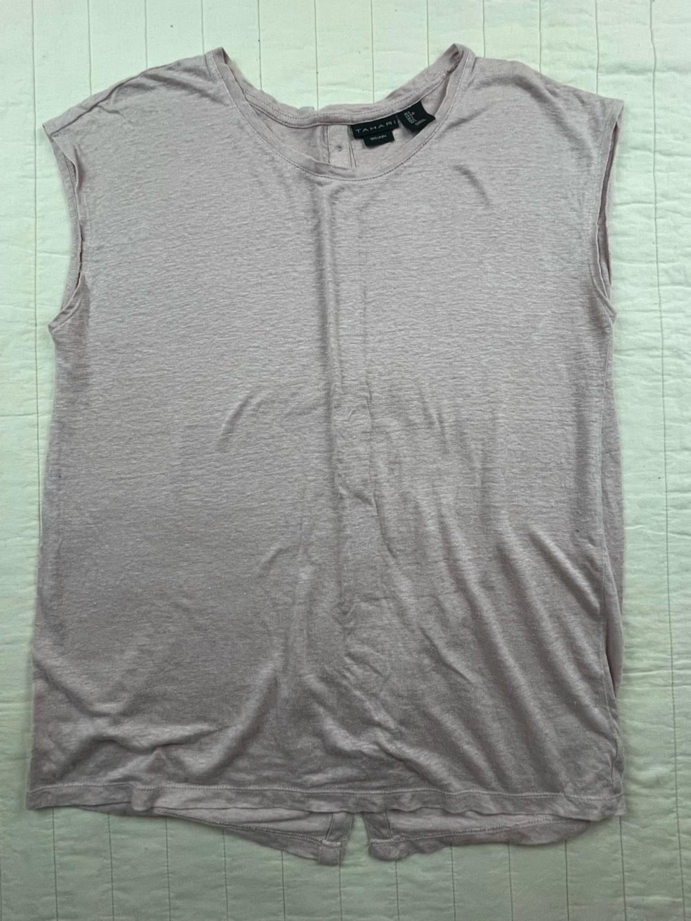 Tahari Light Pink Linen Short Sleeve Tee Feminine Button Up Back Detail Large